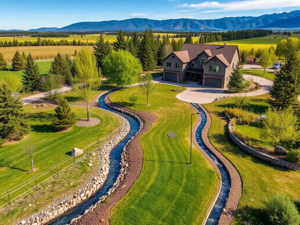 An aerial view of a property with a custom drainage solution in place, showing how it effectively manages water runoff and protects the landscape.