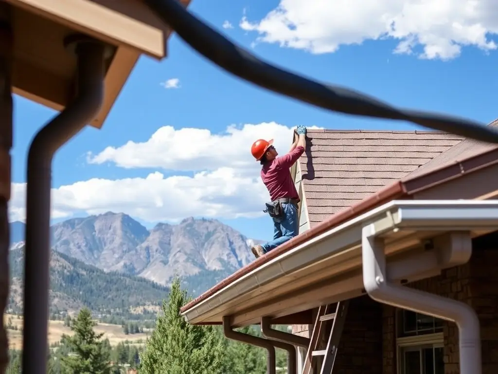 A professional team installing seamless gutters on a residential home with a scenic Colorado mountain backdrop, showcasing the precision and care taken during installation.