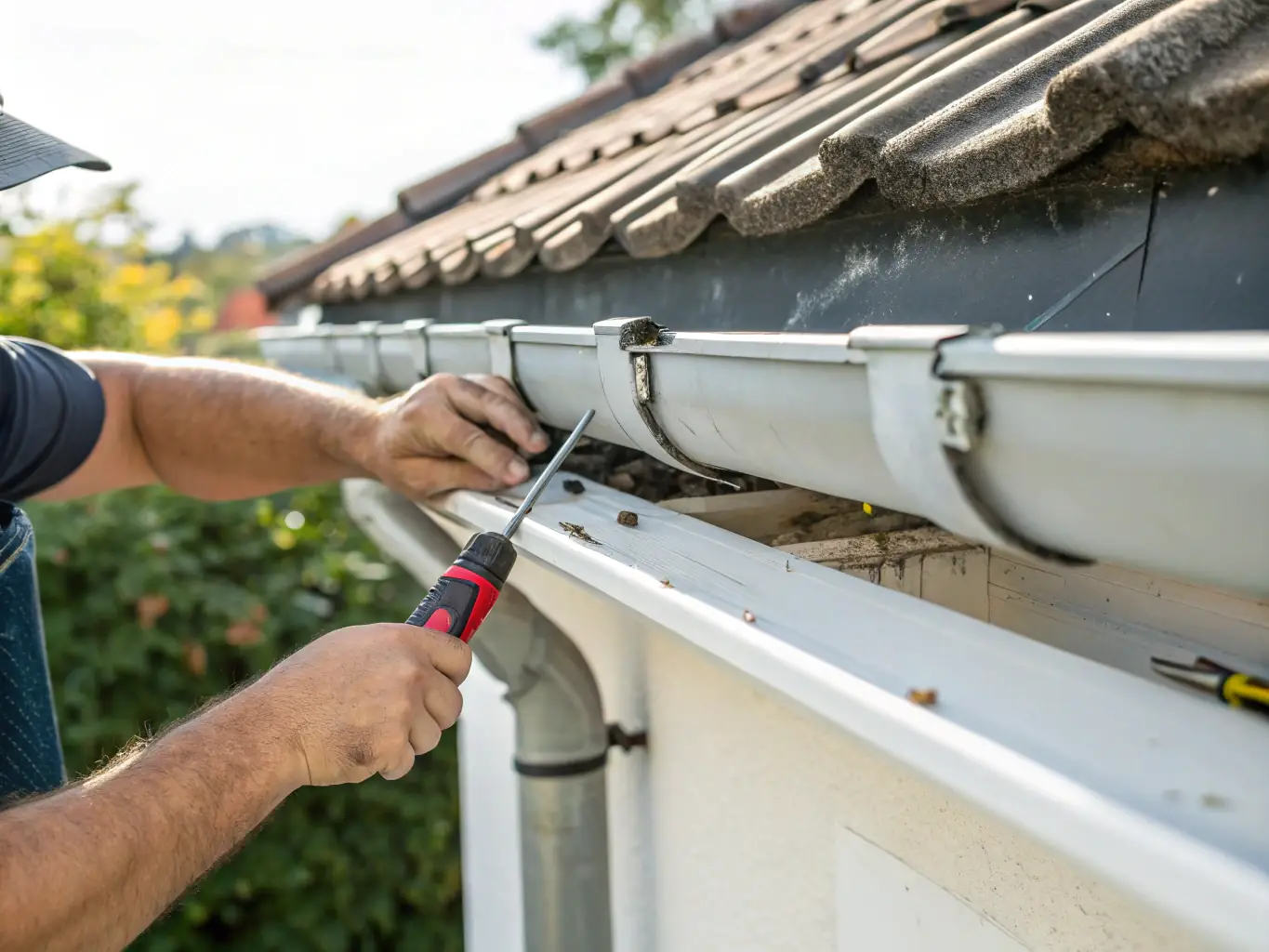 A technician repairing a damaged gutter section on a residential property, highlighting the meticulous repair work done by Colorado Gutter Experts.