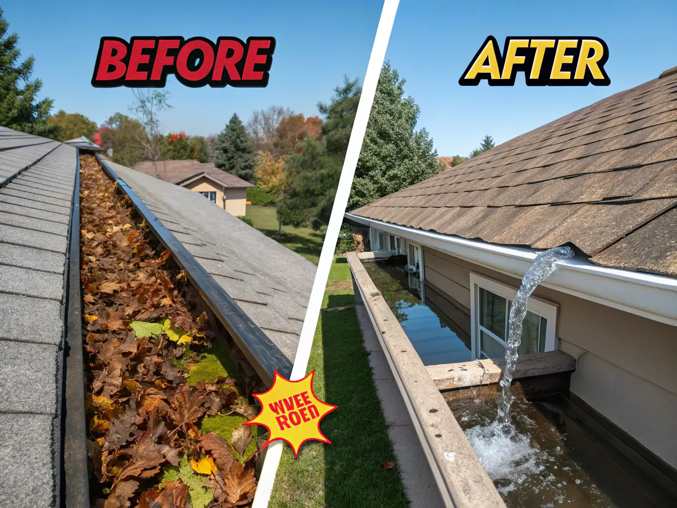 A before-and-after shot of a gutter system, showing the difference after a professional cleaning service by Colorado Gutter Experts.