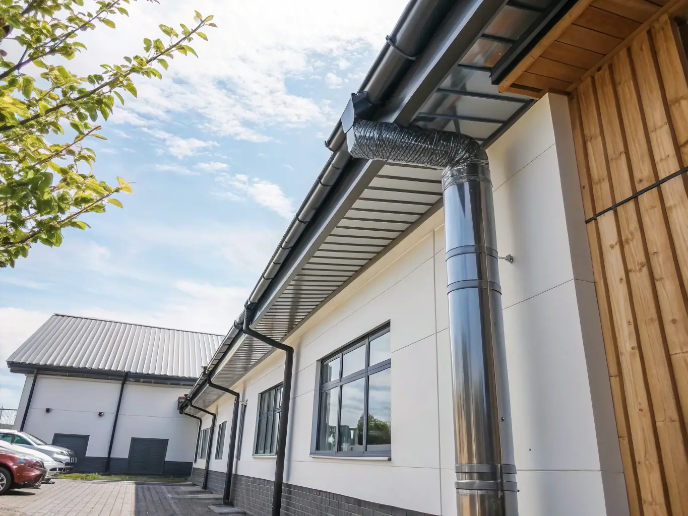 A close-up shot of a newly installed downspout system, highlighting its effectiveness in directing water away from the foundation of a building.